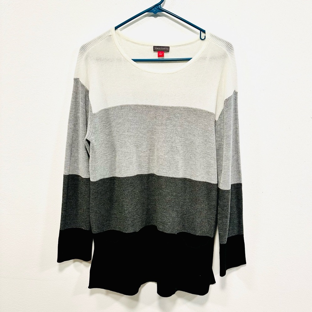 Vince Camuto sweater! black, white and gray striped sweater! Size large!